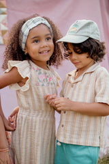 Kids cap in khaki colour is a must-have accessory for summer with Good Day embroidery at the front by Louise Misha. Breathable and lighweight kids summer hat.