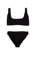 Black bikini set for women, made from recycled fabric with stylish texture online and add to your beachwear capsule wardrobe with timeless black bikini.