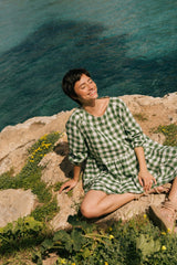 Sofia midi length linen dress in Green Gingham