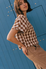 Lily oversized linen top in Mocha Gingham