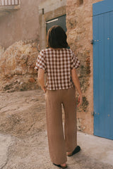 Lily oversized linen top in Mocha Gingham