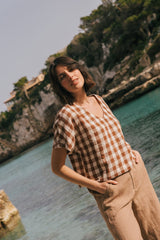 Lily oversized linen top in Mocha Gingham