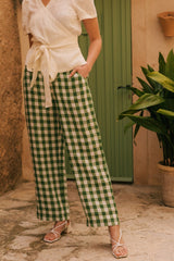 Barbora straight linen pants in Green Gingham