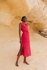 Aurora mid length linen dress in Viva Magenta