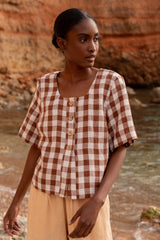 Maeve button linen top in Mocha Gingham