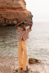 Maeve button linen top in Mocha Gingham