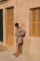 Adele linen wrap top in Mocha Gingham