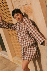 Adele wrap linen top in Mocha Gingham