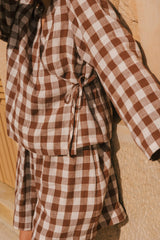 Adele wrap linen top in Mocha Gingham