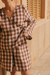 Adele wrap linen top in Mocha Gingham