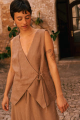 Blanca sleeveless linen wrap top in Rosy Brown