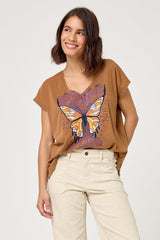 Five Women's Butterfly Graphic T-Shirt 100% Cotton - Brown Chocolate