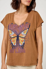 Five Women's Butterfly Graphic T-Shirt 100% Cotton - Brown Chocolate