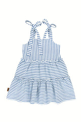 Girl twirling dress featuring blue and white stripes. Crafted from organic cotton, this exquisite summer dress is both breathable and lightweight online.