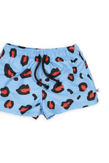 Leopard print swim shorts for adventurous boys online at MiliMilu. These vibrant swim trunks with blue base are crafted from 100% reprieve recycled polyester.