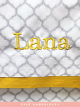 Beautiful block printed lightweight receiving blanket for newborns with free embroidery, crafted from soft and breathable fabric – perfect as a thoughtful baby shower gift or keepsake to cherish for years to come.