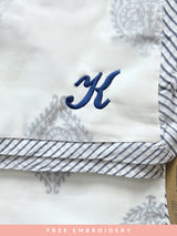 Beautiful block printed lightweight receiving blanket for newborns with free embroidery, crafted from soft and breathable fabric – perfect as a thoughtful baby shower gift or keepsake to cherish for years to come.