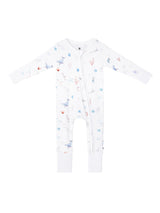 Under the Sea baby romper featuring playful ocean print, made from buttery soft bamboo cotton with a two-way zipper, foldover footie and mittens for warmth, eco-friendly dyes, and OEKO-TEX® Standard 100 certification. Perfect for newborns to 12 months, providing comfort, ease of dressing, and style for little explorers.