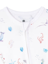 Under the Sea baby romper featuring playful ocean print, made from buttery soft bamboo cotton with a two-way zipper, foldover footie and mittens for warmth, eco-friendly dyes, and OEKO-TEX® Standard 100 certification. Perfect for newborns to 12 months, providing comfort, ease of dressing, and style for little explorers.