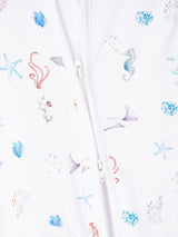 Under the Sea baby romper featuring playful ocean print, made from buttery soft bamboo cotton with a two-way zipper, foldover footie and mittens for warmth, eco-friendly dyes, and OEKO-TEX® Standard 100 certification. Perfect for newborns to 12 months, providing comfort, ease of dressing, and style for little explorers.