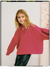 Pink sustainable girls blouse is stylish and comfortable. It is made with organic cotton chiffon with a tie-dye print in burgundy colour for trendy girls.