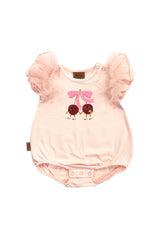 Baby girl’s pink romper is designed with fluttery tulle ruffle sleeves and a delightful printed cherry, pink princess romper. Shop sustainable baby clothing.