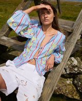 SISSEL EDELBO Women's Maggan Top Organic Cotton Embroidered Blouse - Light Blue Bluebell-Stripes