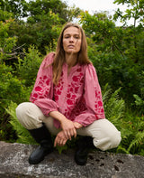 SISSEL EDELBO Women's Juliane Top Embroidered Upcycled Cotton Blouse - Red-Stripes