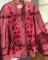 SISSEL EDELBO Women's Juliane Top Embroidered Upcycled Cotton Blouse - Red-Stripes