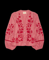 SISSEL EDELBO Women's Juliane Top Embroidered Upcycled Cotton Blouse - Red-Stripes