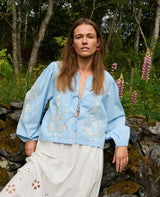 SISSEL EDELBO Women's Maggan Top Organic Cotton Embroidered Blouse - Light-Blue