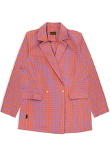 Summer blazer for women in lilac and orange checkered fabric with pockets, offers a loose and comfortable fit. Mommy and Daughter matching set is available.