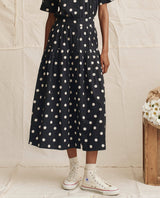 The Great Women's Highland Skirt 100% Textured Cotton Midi - Navy-Cream Polka Dot Navy-Cream-Polka-Dot