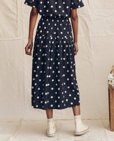 The Great Women's Highland Skirt 100% Textured Cotton Midi - Navy-Cream Polka Dot Navy-Cream-Polka-Dot