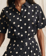 The Great. Women's Messenger Top 100% Cotton Short Sleeve Button-Down - Navy & Cream Polka Dot Navy-Cream-Polka-Dot
