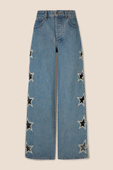 Tressé Women’s Pina Wide-Leg Jeans 100% Cotton Denim with Braided Trim - Bleu