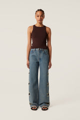 Tressé Women’s Pina Wide-Leg Jeans 100% Cotton Denim with Braided Trim - Bleu