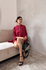 Shop women oversized linen shirt in Garnet red colour, this breathable linen shirt with linen shirts make the best women linen set in red colour.