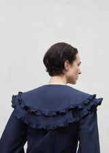 The oversized collar women's blouse is a statement, organic cotton women's blouse is in a stunning dark blue colour with a large collar for treny women online.