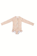 The long sleeve swimsuit in Sunset Meadow, made from recycled fabric and offering UPF 50+ protection, this sustainable girl swimsuit is trendy and practical.