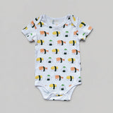 the wee bean organic cotton onesie clothing romper in sushi nigiri ebi shrimp tamago and onigiri