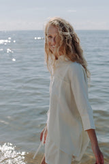 High quality women oversized linen shirt in off white, this oversized shirt is made from breathable linen fabric. Get linen shorts for women linen set.