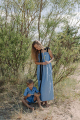 Women maxi dress made with breathable linen, blue maxi dress for women is easy to wear, from casual to dressy and goes with everything. Mommy and son macthing.
