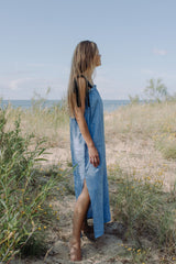 Women maxi dress made with breathable linen, blue maxi dress for women is easy to wear, from casual to dressy and goes with everything. Mommy and son macthing.