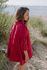Shop women oversized linen shirt in Garnet red colour, this breathable linen shirt with linen shirts make the best women linen set in red colour.
