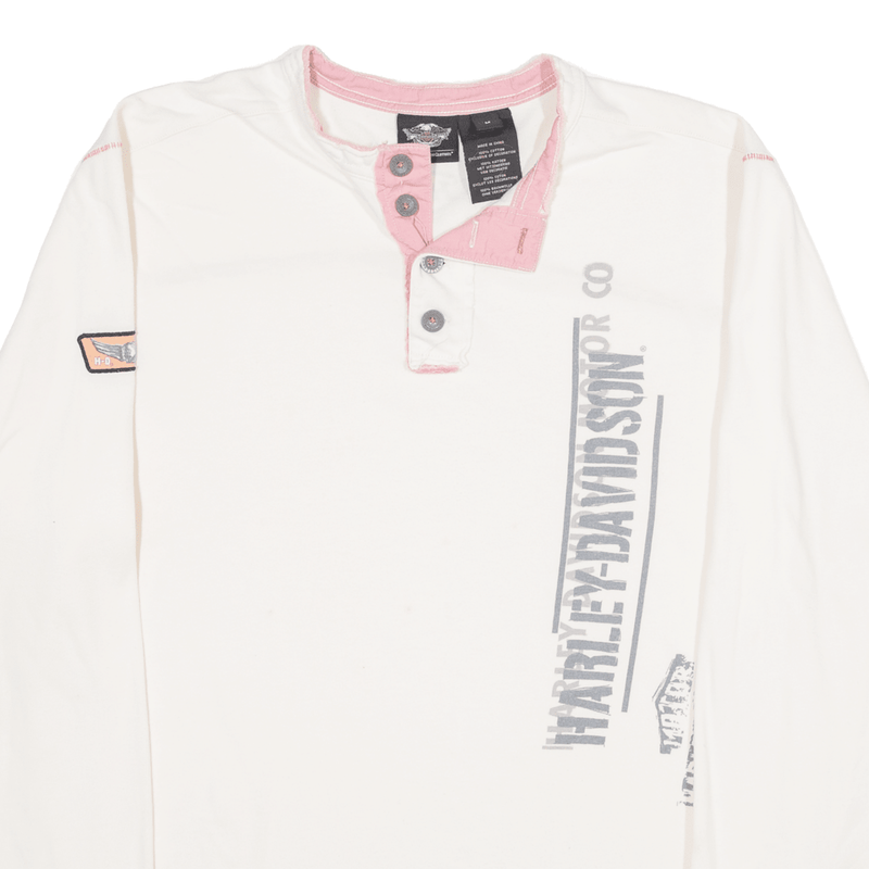HARLEY DAVIDSON Mens T-Shirt Cream Long Sleeve Button Neck M