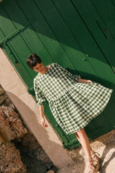 Sofia midi length linen dress in Green Gingham