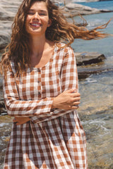Lapland mid length linen dress in Mocha Gingham