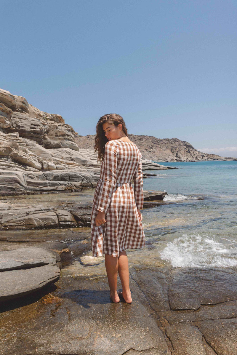 Lapland mid length linen dress in Mocha Gingham
