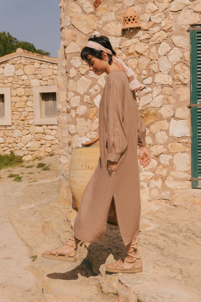Amalia long linen dress in Rosy Brown